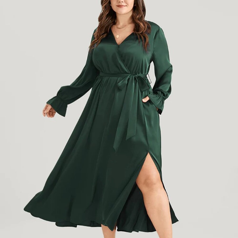 BloomChic 14/16 1X Green Pocket Split Lantern Sleeve Belted Surplice Neck Dress